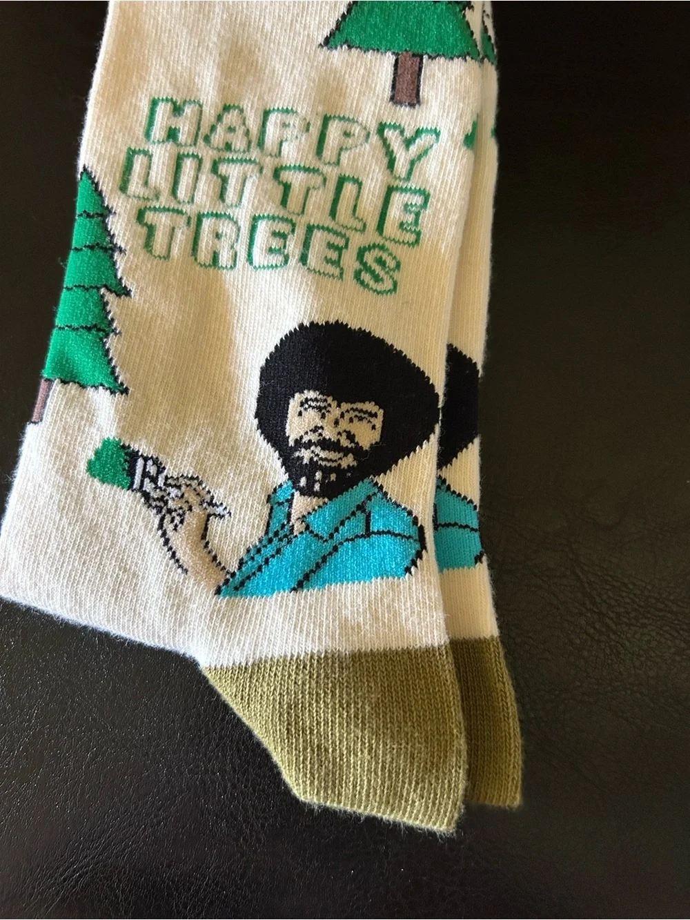 Bob Ross 'Happy Little Trees' Cream & Green Crew Socks